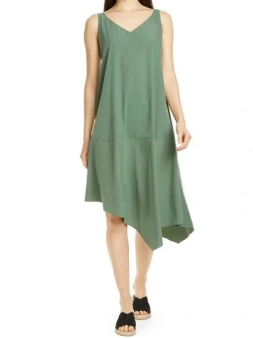 NWT Eileen Fisher Asymmetrical Nori Green Sandwashed Tencel Bateau Neck Dress- M
